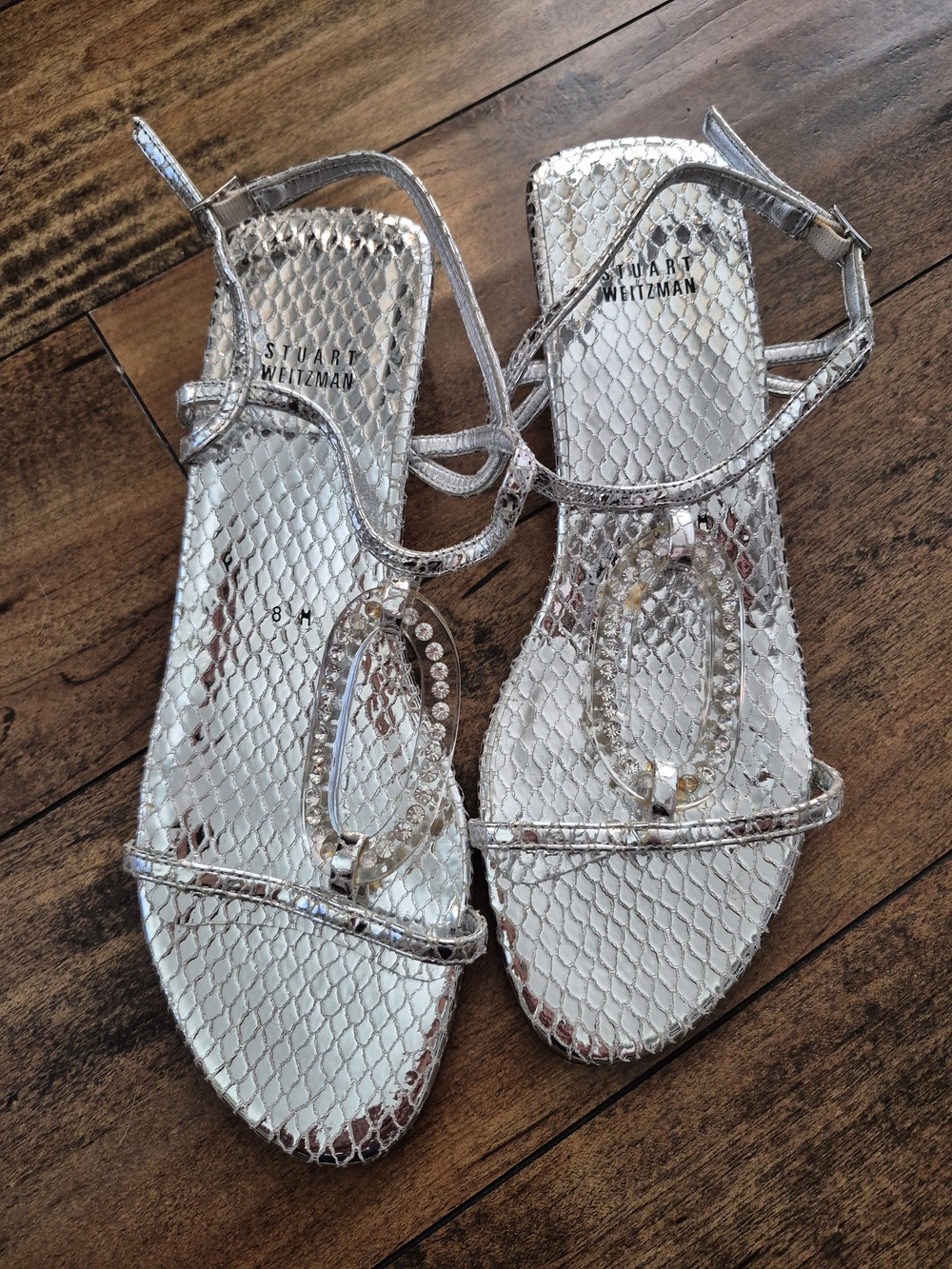Stuart Weitzman Metallic Silver Crystal-Accent Strappy Sandals